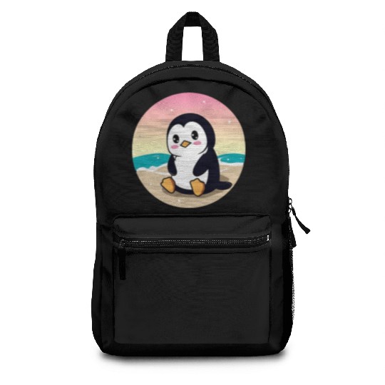 Beach penguin at sunset Backpacks