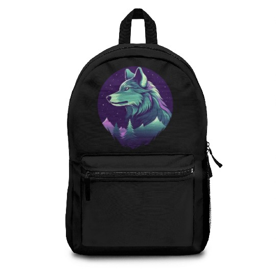 Starry Night Wolf With Northern Light Colors Backpacks