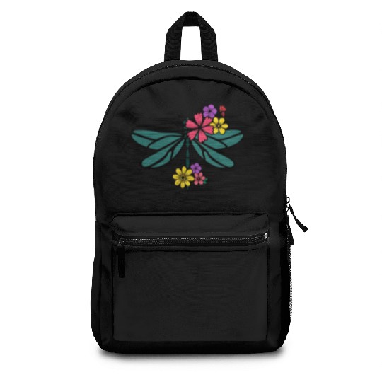 dragonfly with colorful flowers Backpacks