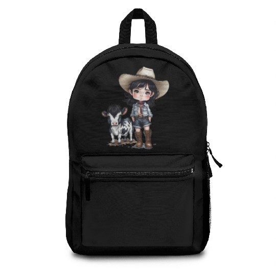 Cowgirl with Cow Backpacks