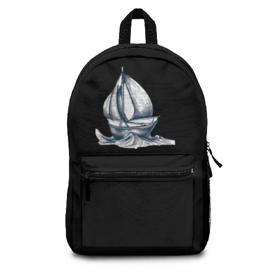 sailing ship drawing blue white Backpacks