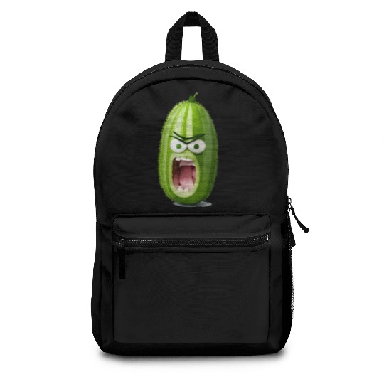 A cucumber with angry face cartoon style Backpacks