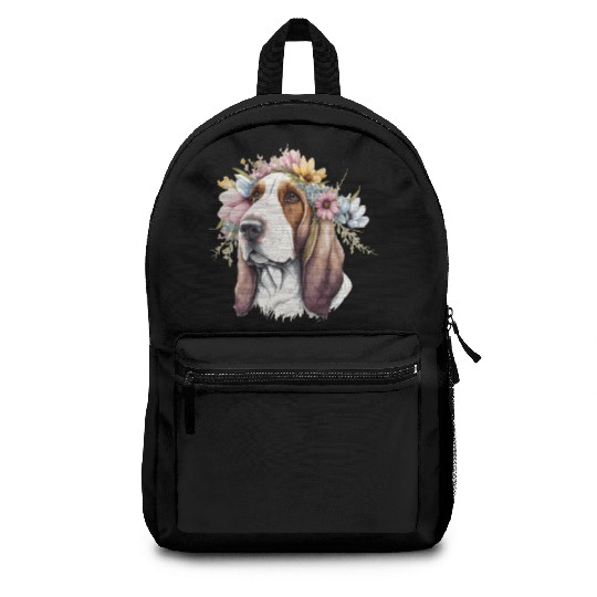 Cute Basset Hound Flower Crown Pet Dog Breed Flora Backpacks