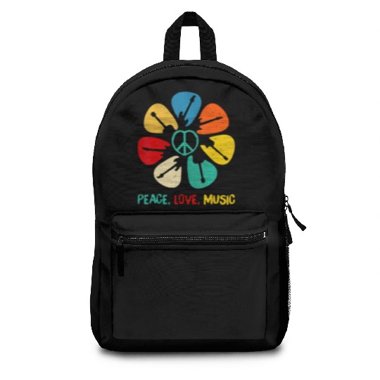 Peace Love Music Guitar Flower Rock And Roll Backpacks
