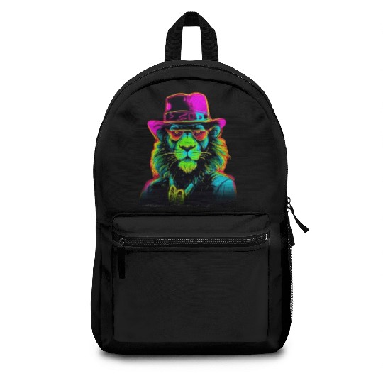 Neon gangster lion Backpacks