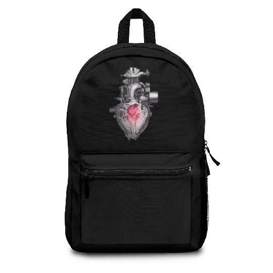 Realistic human heart like car engine ink drawing Backpacks