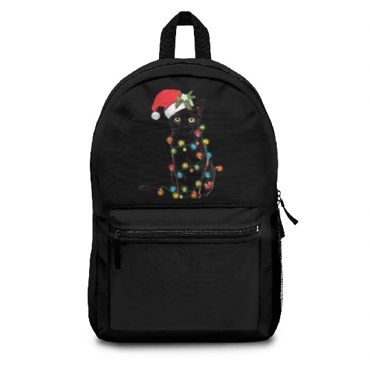 Black Cat Santa Tangled Up In Lights Backpacks