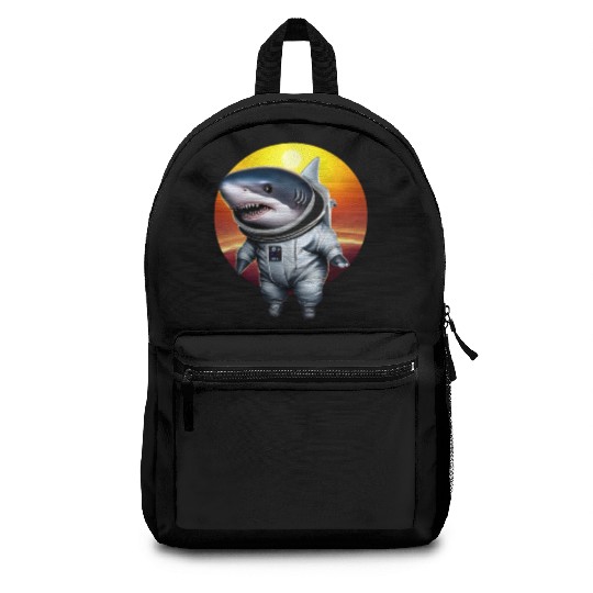 Shark astronaut at sunset Backpacks
