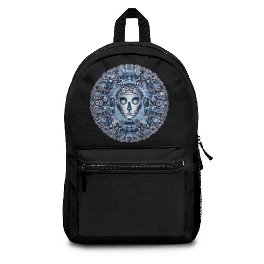 Aztec robot face and mechanical mandala Backpacks