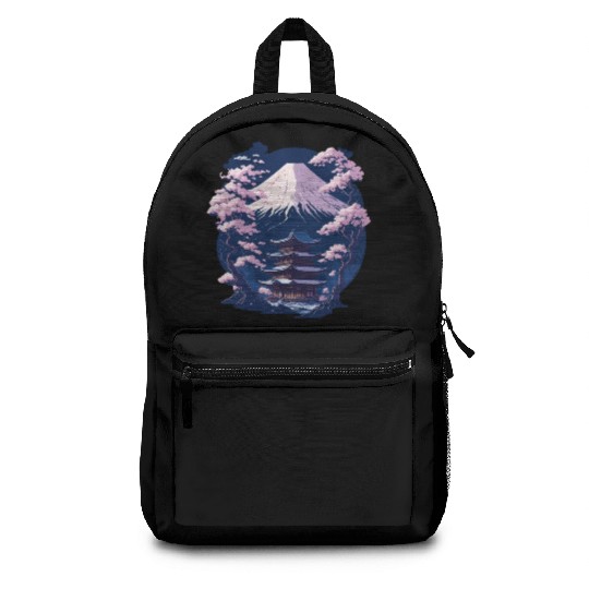 Mount Fuji and a Temple With Cherry Blossoms Backpacks