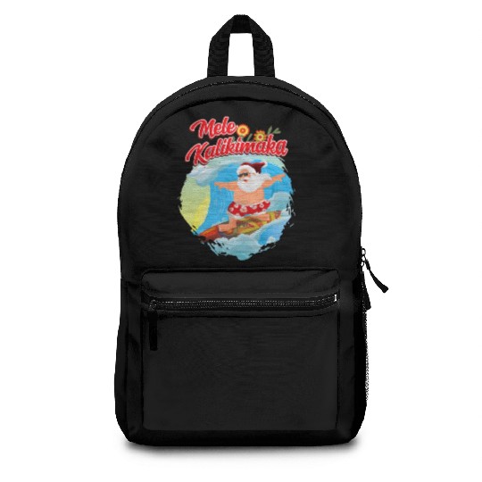In July Santa Surfing Mele Kalikimaka Backpacks
