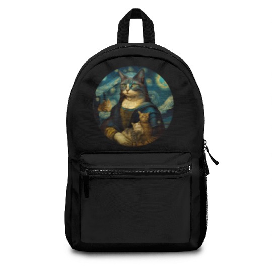 Mona Lisa With Cats Starry Night Van Gogh Painting Backpacks