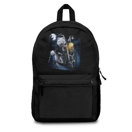 Wolf Riding Chopper Motorcycle In Full Moon Backpacks