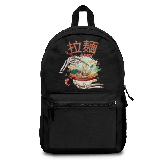 skeleton hands eating ramen noodle soup bowl art Backpacks