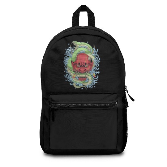 Japanese oni mask with peony flower and greem snak Backpacks