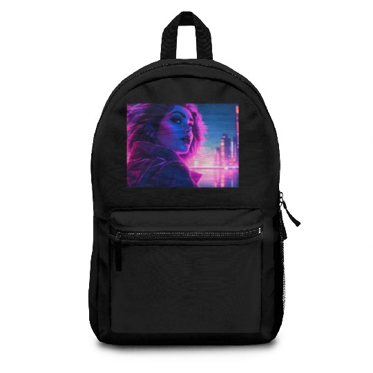 Synthwave girl in front of a neon light city Backpacks