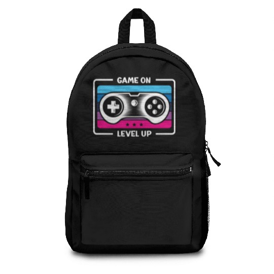 Game on level up illustration in black Backpacks