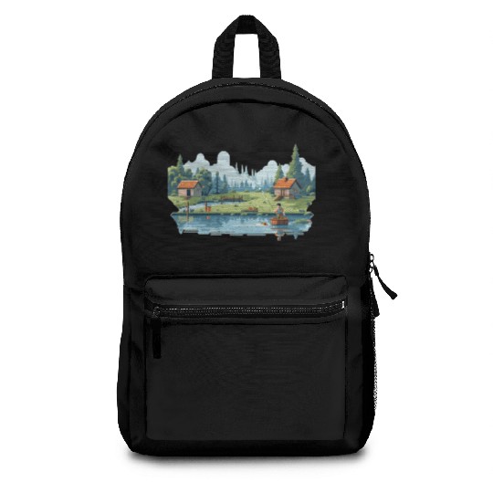 Fisherman Nature 8-bit style Backpacks