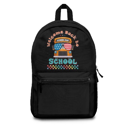 Welcome Back to School Funny School Bus w Vintage Backpacks
