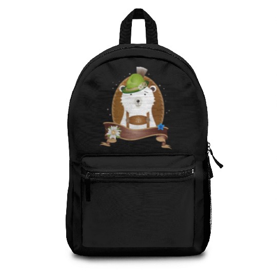 cute polar bear in costume with hat and leather pa Backpacks