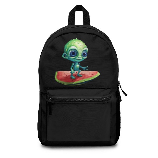 Green Alien Meets Watermelon: Exotic Encounter Backpacks