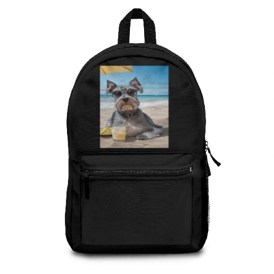 Schnauzer Chilling at Beach with a Drink Backpacks