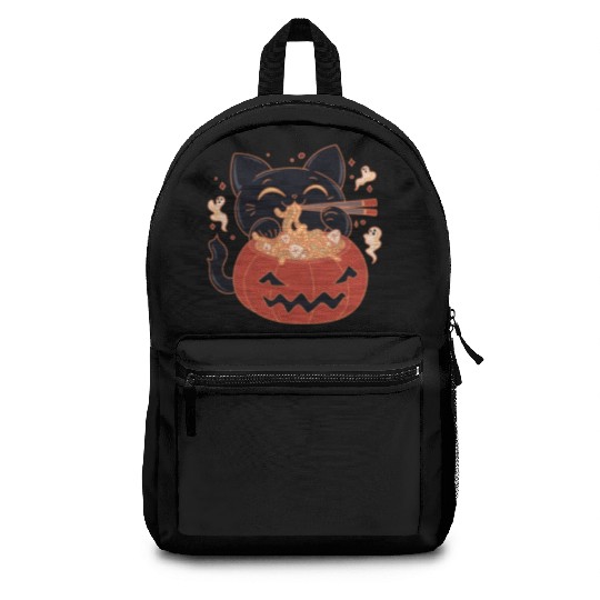 Kawaii Creepy black Cat Eating Ramen Noodles Backpacks