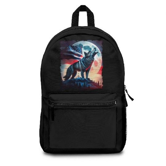 America wolf under Moon with American Flag Backpacks