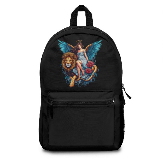 Pretty angel on lion with flowers Backpacks