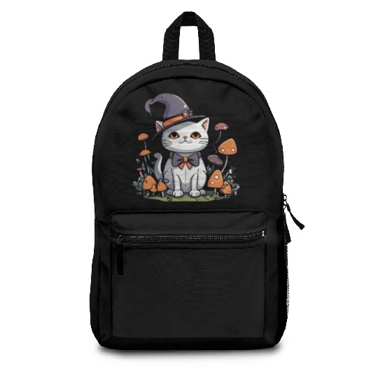 Whimsical Witch Cat with Mushrooms Backpacks