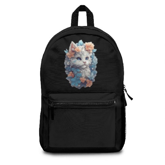 Cute Cat Watercolor Painting with Floral Splash Backpacks