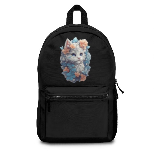Cute Cat Watercolor Painting with Floral Splash Backpacks