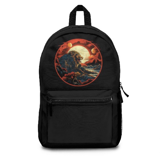 Red Japanese Style Mountain Lion Art Backpacks