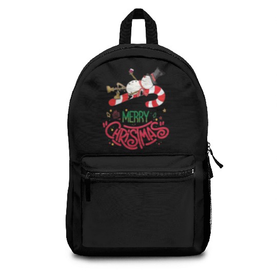 Snowman Lying On Candy Cane Merry Christmas Backpacks