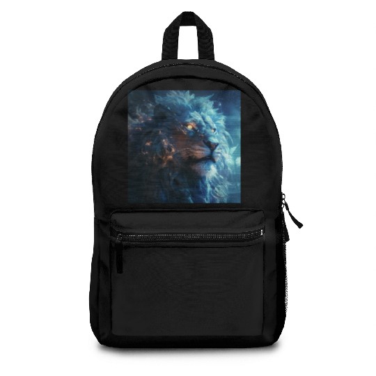 Blue Fantasy Lion Face with Gold Eyes Backpacks