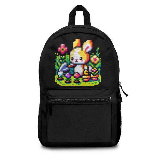 8-Bit Bunny Gardener: Retro Digital Garden Scene Backpacks