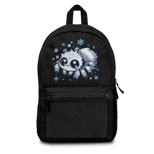 Cute white jumping spider in snowflakes Backpacks