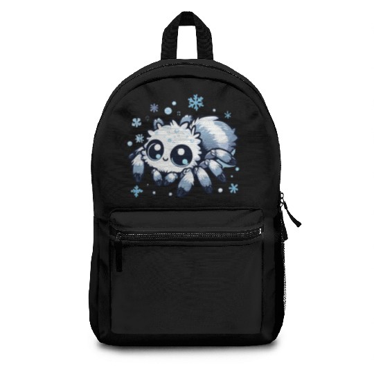 Cute white jumping spider in snowflakes Backpacks
