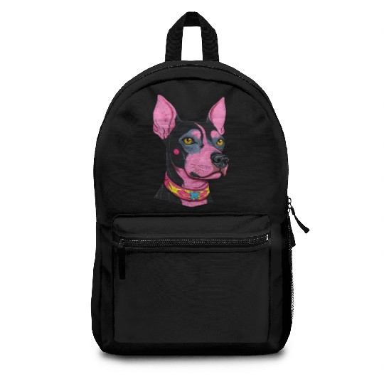 black and pink dog with yellow eyes Punk Rock Backpacks