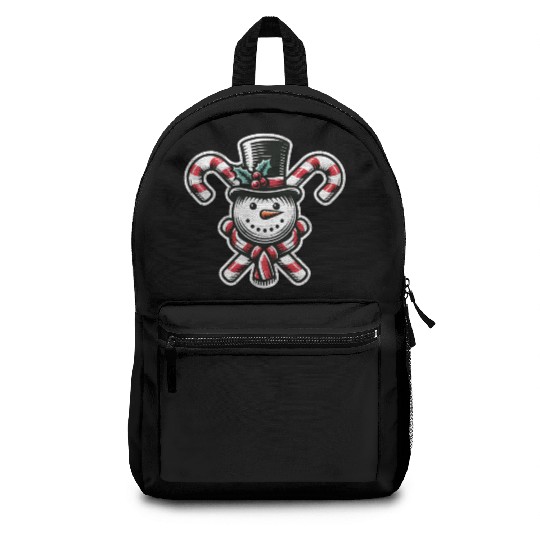 Candy Cane Cheer - snowman with Top Hat design Backpacks