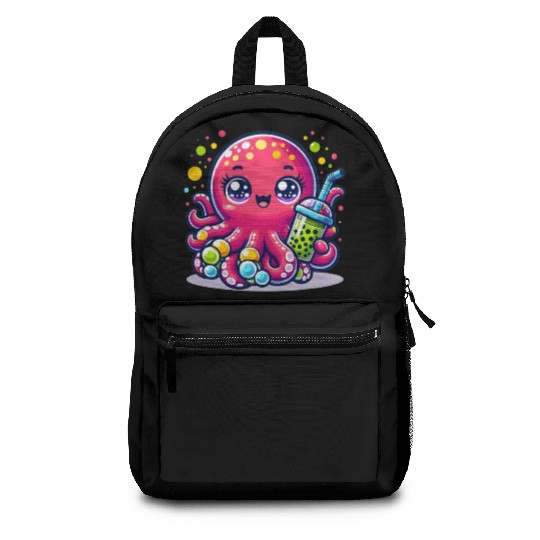 Kawaii Octopus With Bubble Tea Sea Ocean Boba Tea Backpacks