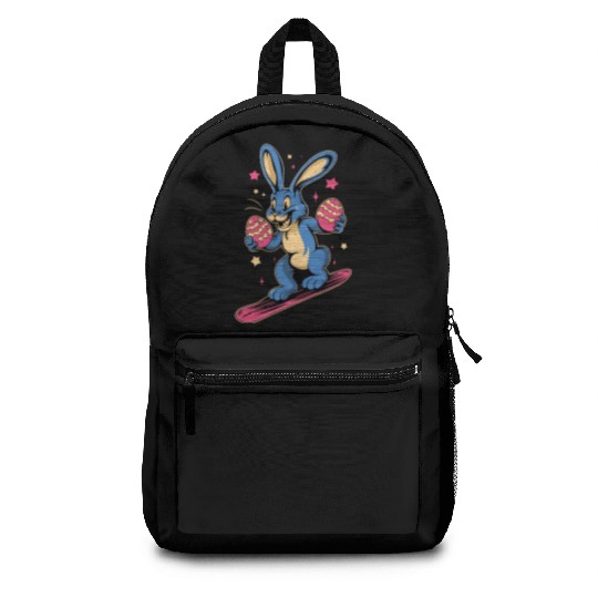 Easter Bunny on a snowboard with Easter eggs Backpacks