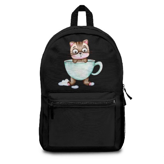 Surprised Silly Cat Wearing Coffee Cup Backpacks