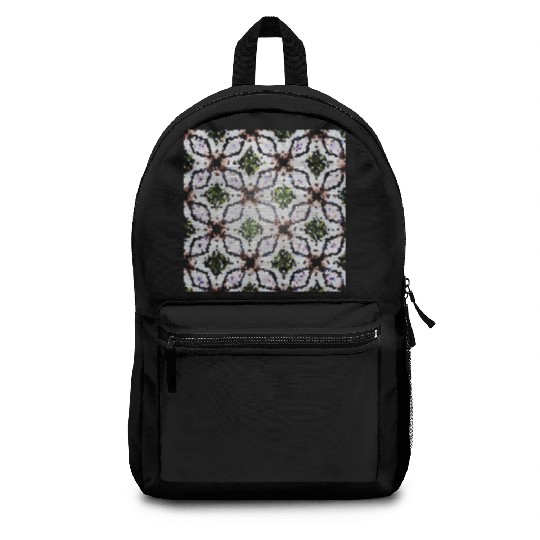 stained glass print in greens and roses Backpacks