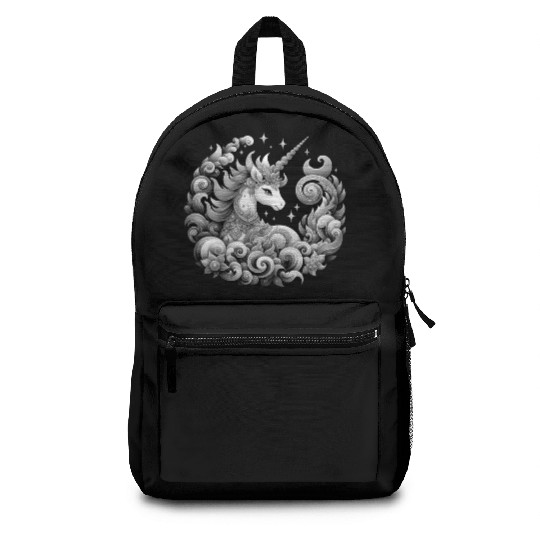 A unicorn black and white with a delicate pattern. Backpacks