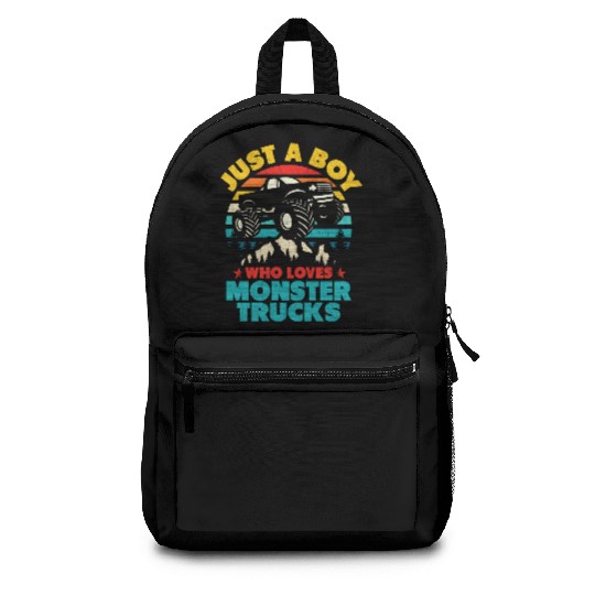 Just A Boy Who Loves Monster Trucks Toddler Kids Backpacks