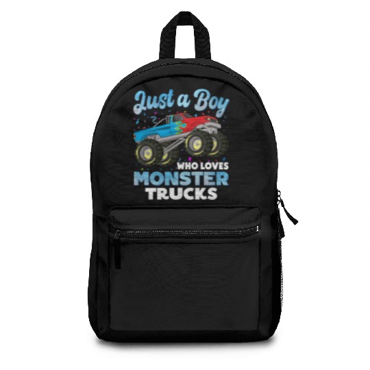 Just A Boy Who Loves Monster Trucks Toddler Kids Backpacks