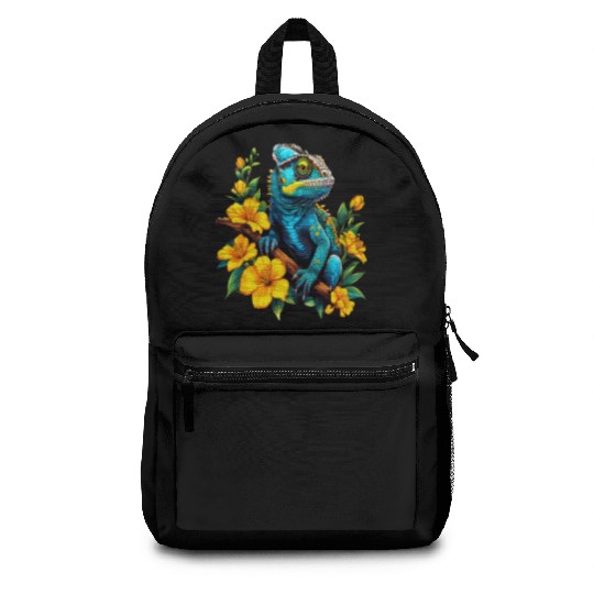 Chameleon on a Branch Surrounded by Flowers Backpacks