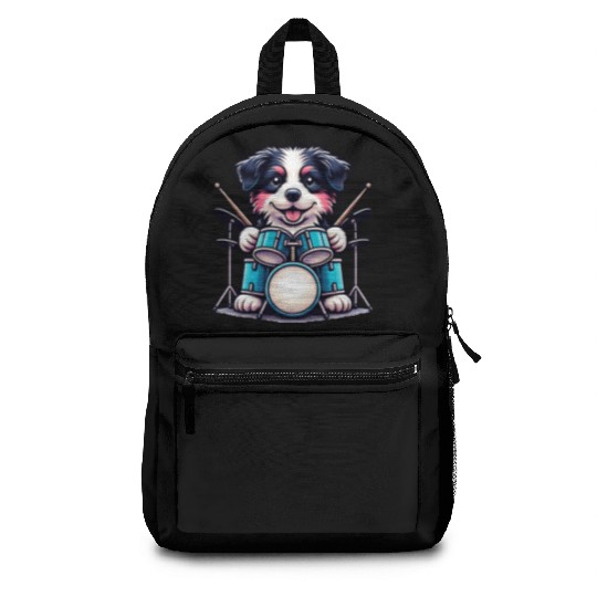 Cool Border Collie Drummer Puppy Design Backpacks