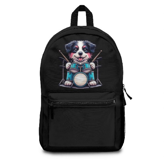 Cool Border Collie Drummer Puppy Design Backpacks